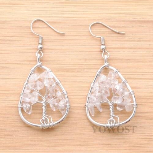 Wholesale 4 Pairs Gem Stone Crystal Earings Wire Wrapped Tree Of Life Teardrop Pendant Hook Earring Fashion Jewelry QR3458