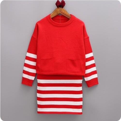 Autumn Pattern Korean Pieces Set Childrens Garment Girl Baby Stripe Split Sweater Clothing Used For Travel Short Skirt Suit