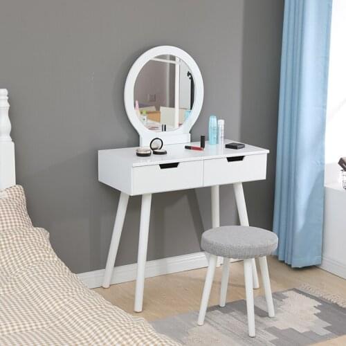 Bedside Dressing Table With Stool HD Round Mirror Makeup Organizer Drawers Dressers 80cm French Warehouse Fast Delivery HWC