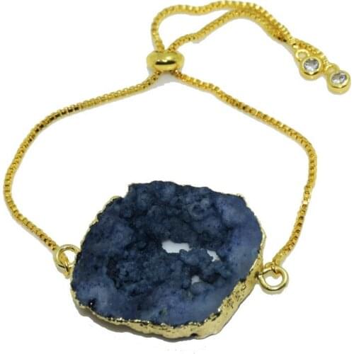Blue Big Random raw stone slice druzy bracelet women gold bezel slab crystal quartz cluster geode druzy connector gem bracelet