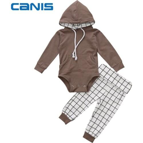 2PCS Special Offer Preppy Style Newborn Infant Baby Boy Girl Hooded Romper+Plaid Pants Children Autumn Outfits Clothes Set 0-18M