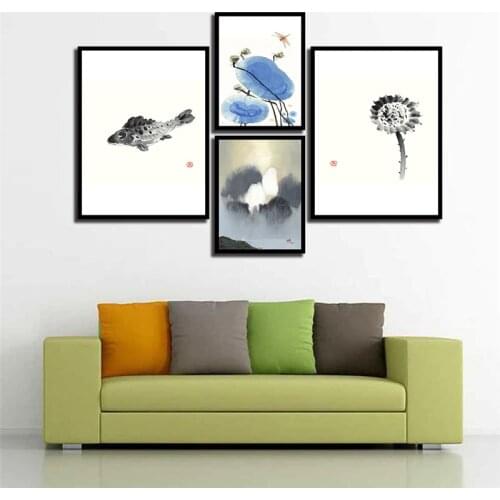 Spray Color Chinese Style Scenery Ink Animal Fish Lotus Flower Canvas Painting Wall Frameless Picture Poster Room Decoration