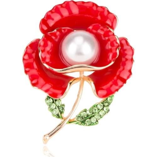 Red Flower Brooches Metal Pearl Plant Brooches For Women Green Leaves Pin Collar Dress Scarf Decoration Party Accessories
