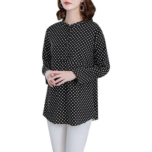 Womens Spring Autumn Style Chiffon Blouse Shirt Womens Long Sleeve O-Neck Polka Dot Korean Casual Tops SP1104