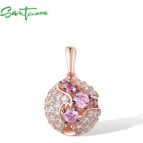 SANTUZZA Pure 925 Sterling Silver Pendant for Women Shiny lab Created Pink Sapphire White CZ Ball Rose Gold Color Fine Jewelry
