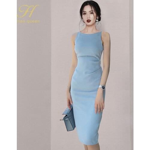 H Han Queen 2021 New Spaghetti Straps Pencil Dress Womens Summer Fashion Korean Slim Work Party Dresses Bodycon Sheath Vestidos