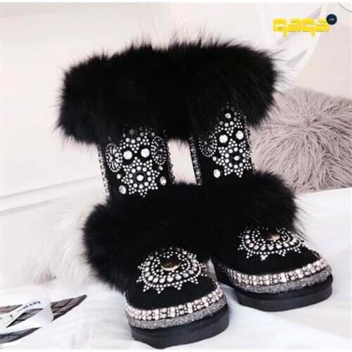 Scrub leather plus velvet thick fox fur snow boots female heavy work full handmade rhinestone boots