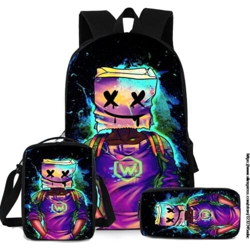 3PCS Backpack Pencil Case Shoulder DJ Marshmello School Bag High Quality Student Backpacks Teenager Travel Bag Birthday Gifts