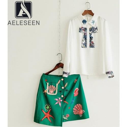 AELESEEN Casual Women Summer Sets 2021 High Quality Luxury Beading White Blouse + Green Mini Pearls Starfish Print Skirt Sets