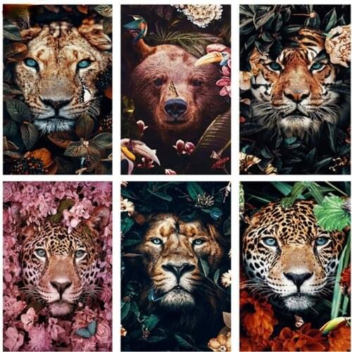 Diamond Paint Full Diamond Embroidery DIY Diamond Painting Cross Stitch Tiger Lion Face& Flowers Picture of Rhinestones Diamond