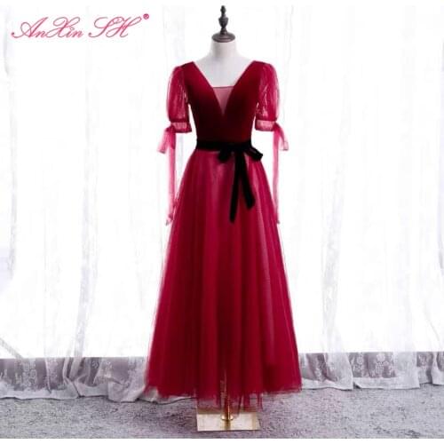 AnXin SH princess wine red lace evening dress french retro vintage party sweetheart puff sleeve big bow bride evening dress