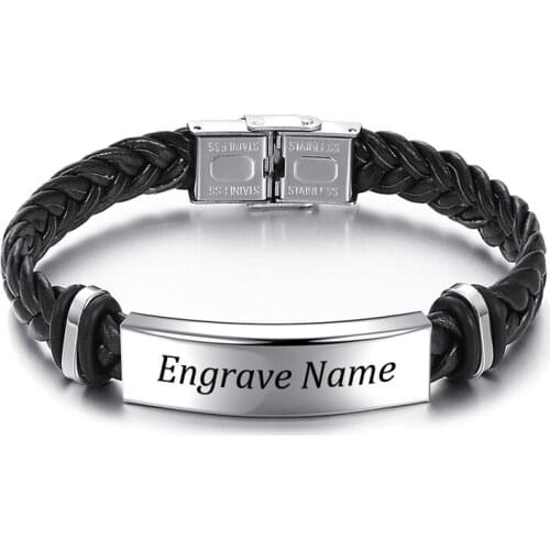 Costom Engraved Wide Stainless Steel Engrave Name Bracelet for Men Black Bracelets Bangle Fashion Male Accessories