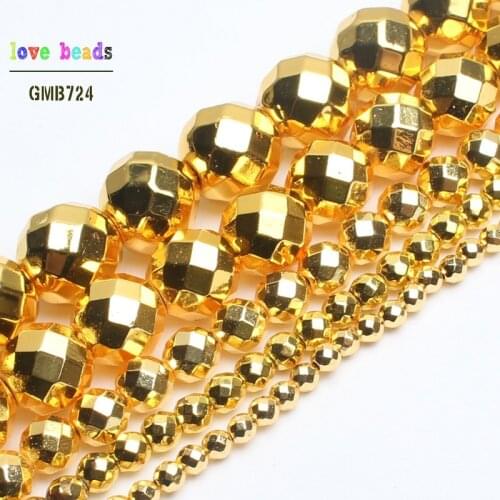 Natural Stone Beads Faceted Golds Plated Hematite Round Loose Beads for Jewelry Making 15'' 3/4/6/8/10/12mm