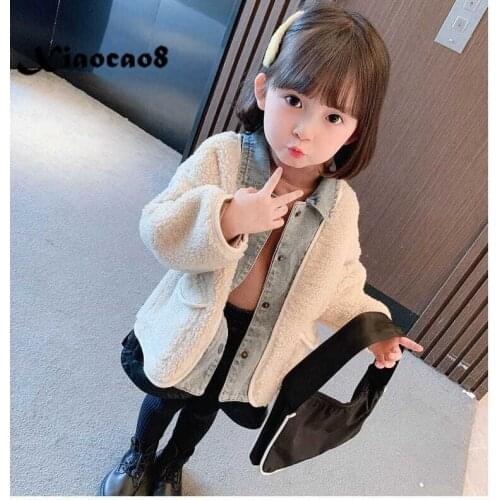 Kids Patchwork Turn Down Colloar Lambswool Jackets for Girls 2-9Years Girls Jacket Coat Fashoin Toddler Baby Winter Outerwear
