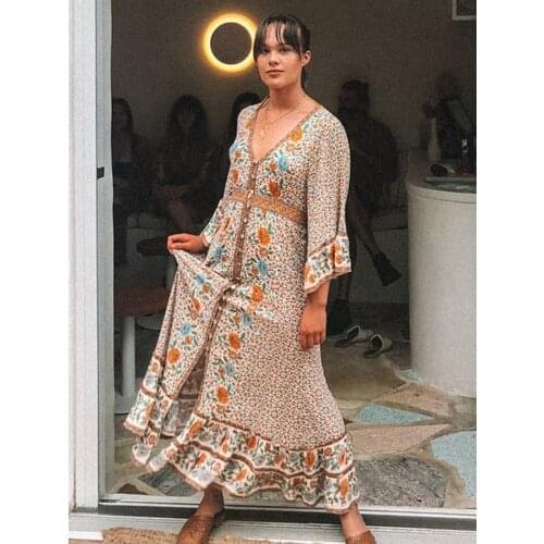 Jastie Floral Print Maxi Gown V-Neck 3/4 Sleeve Women Dresses Bohemian Hippie Long Beach Dress 2019 Summer Boho Dresses Vestidos