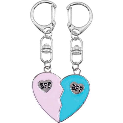 Fashion BFF Ladys Best Friend Keychain Blue Pink Heart-shaped Stitching Alloy Pendant Friendship Jewelry Simple Jewelry Gift