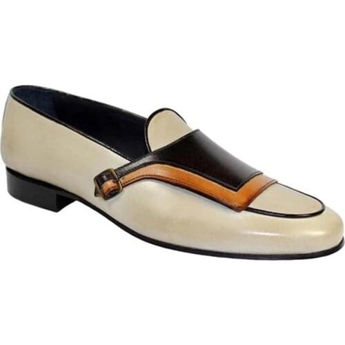 Mens PU White and Stitching Buckle Decoration Low-heel Comfortable and Fashionable Everyday Business Casual Loafers ZQ0187