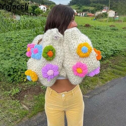 Yojoceli Autumn floral appliques knitted cardigan women Winter hand made sweater cardigan Casual fashion female outerwear