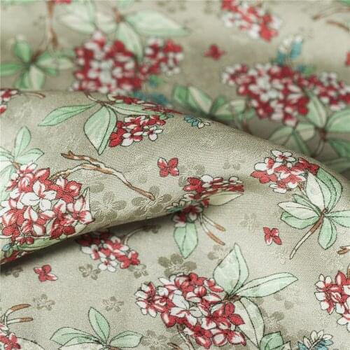 Red floral&green leaves printing,jacquard silk satin blends cotton fabric,grey-green with mini flowers,craft by the yard