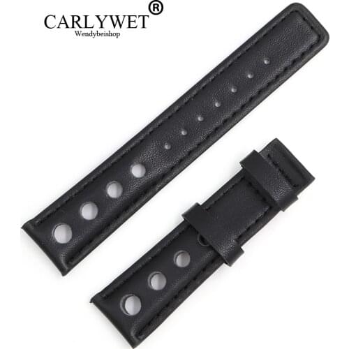 CARLYWET 20mm Real Calf Leather Handmade Black with Black Stitches Wrist Watch Band Strap Belt Without Clasp For T91 PRS516