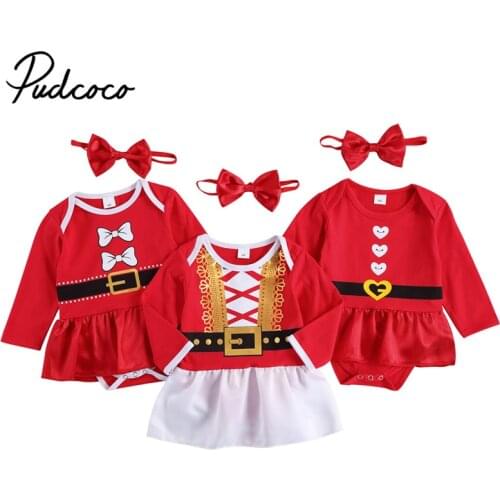 Christmas 2Pcs Newborn Print Outfits, Infant Baby Girls Long Sleeve Round Neck Bodysuits Dress + Headband with Bowknot