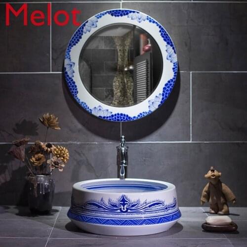 Blue-and-White Porcelain with the Table Basin in Chinese Antique Style Wash Basin round Retro Art Washbasin Home Chinese Style
