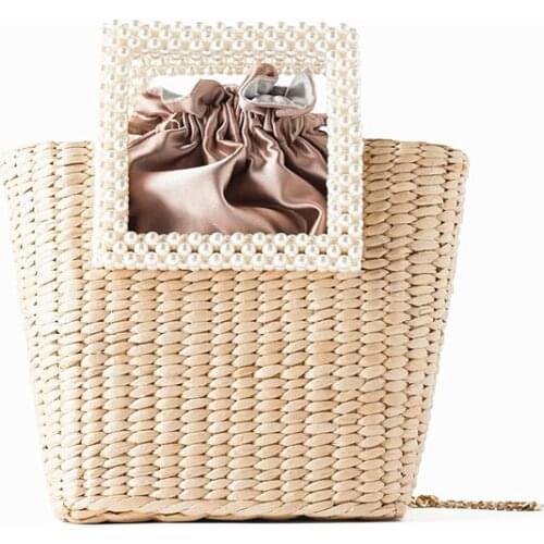 Pearl Handle Straw Bag Womens Cattail Straw Woven Bag Handbag Fashion Shoulder Bag Bags for Women 2020 Beach Woven Net Bags sac