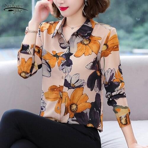 2021 Autumn Fashion Floral Print Shirt Women Long Sleeve Chiffon Blouse Cardigan Clothes Plus Size S-4XL Tops Blusas Mujer 10474