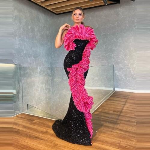 New Designer Sequins Prom Dresses Mermaid Plus Size With Satin Ruffles Sleeveless Long Women Evening Dressing Gowns