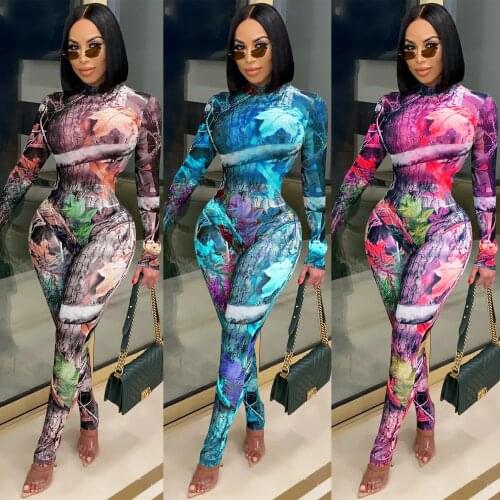 Print 2 Two Piece Set Autumn New Long Sleeve Women Set Outfits Turtleneck Bodysuit Top Long Pencil Pants Set Tracksuit