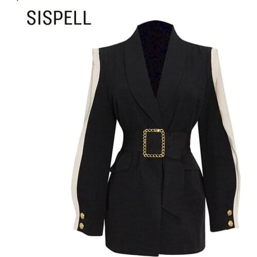 SISPELL Patchwork Mesh Blazer Coats For Female Lapel Collar Lantern Long Sleeve With Girdle Womens Casual Coat Fashion New