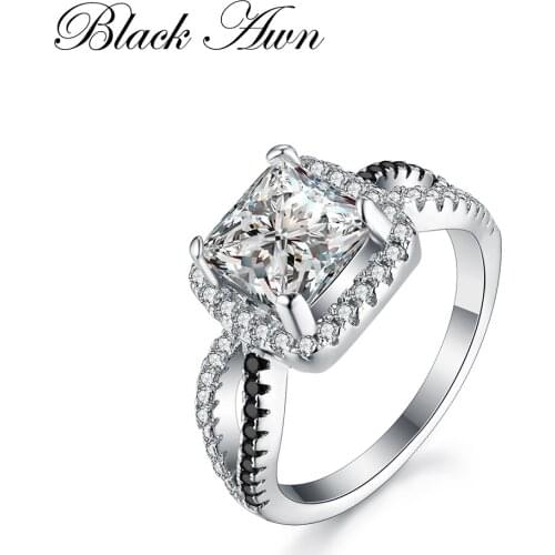 2020 Fashion 100% Genuine 925 Sterling Silver Ring Jewelry Square Black&White Stone Engagement Rings for Women Bague Bijoux C184
