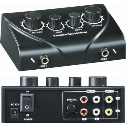 Karaoke Sound Mixer with 2 Mic inputs Cable Microphone Control Amplifier Echo Mixer