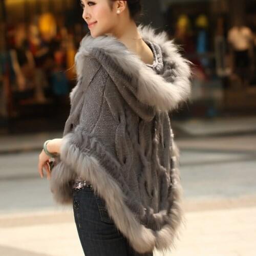 2019 thermal warm winter raccoon fur cape knitted real rabbit fur coat women female outwear