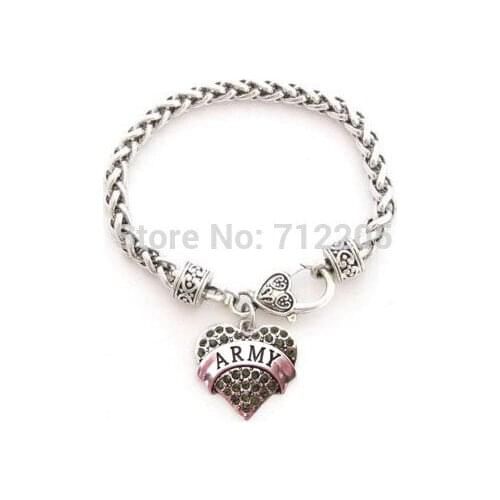 50pcs a lot heart ARMY with green Crystal Lobster Claw Bracelet