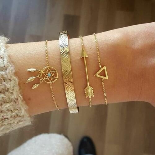 ALIUTOM 4 Pcs/set Bohemian Vintage Leaf Gem Geometric Arrow Crystal Chain Gold Bracelets Ladies Exquisite Beach Bangle Jewelry