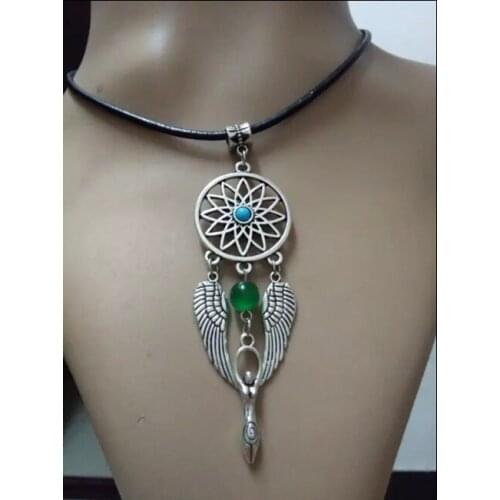 Fast shipping Alloy Dreamcatcher Wings Earth Goddess Charm Amulet Leather Necklace DIY Sweater Chain Pendant Necklace 10pcs