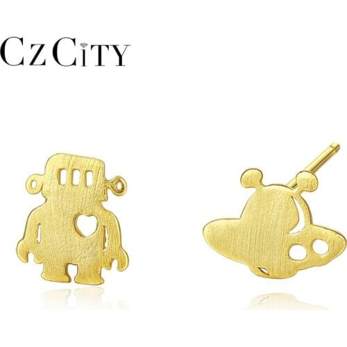 CZCITY Unique 925 Sterling Silver Mini Alien & UFO Stud Earrings for Women Space series Cartoon Girls Fine Jewelry Brincos Gifts