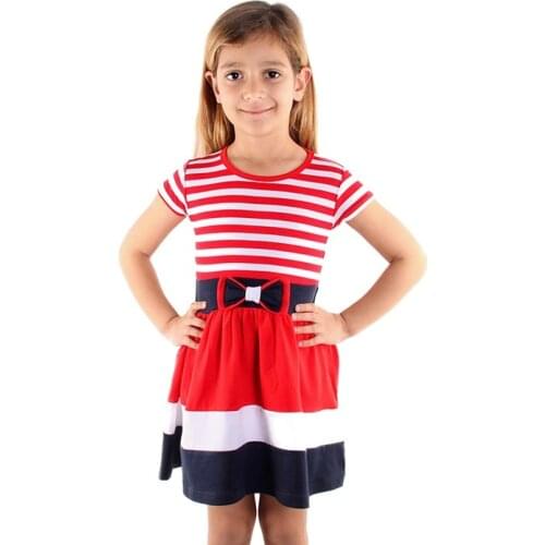 Dalmaz Short-Sleeve 100% Cotton Red Striped Dress with Bow