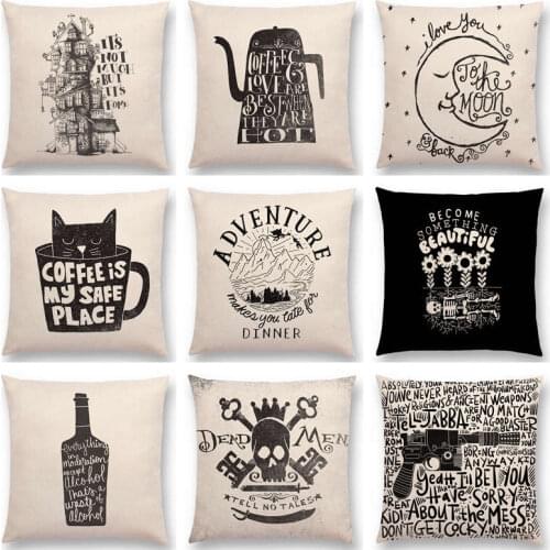 Hot Sale Black And White Decorative Letters Interesting Pattern Home Coffe Love Cat Adventure Bottle Cushion Sofa Throw Pillow