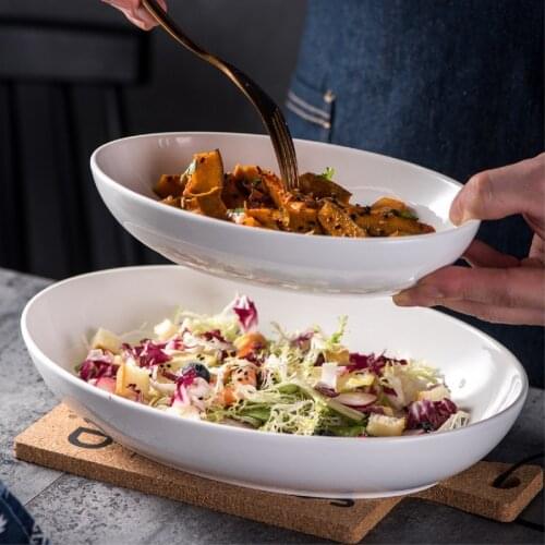 European Creative Oval White Porcelain Tableware Ceramic Home Hotel Deep Soup Plate Cuisine Steamed Fish Plate Salad Dishes