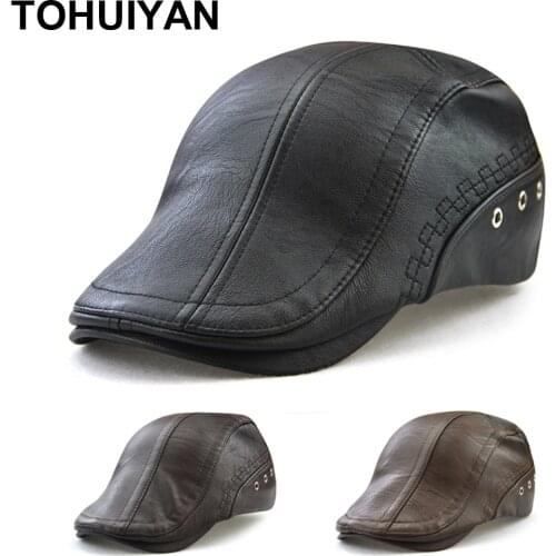 TOHUIYAN Classic Leather Newsboy Cap For Men Casual Boina Cabbie Hat Autumn Winter Warm Flat Caps Fashion Baker Boy Driving Hats