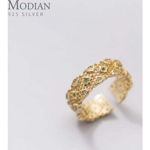 Modian Vintage Design 925 Sterling Silver Green Crystal Flower Pattern Thick Ring for Women Opening Ring Wedding Fine Jewelry