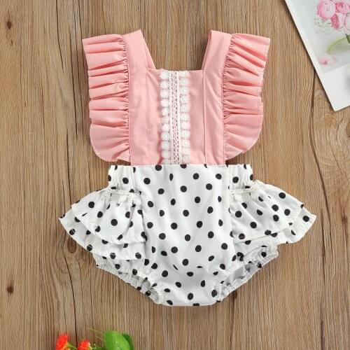 0-24M Sweet Girls Toddler Summer Rompers Flower Lace Dot Match Square-Neck Ruffled Sleeveless Backless Jumpsuit