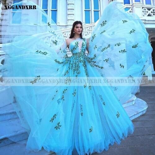 Beautiful A-Line Prom Dress 2022 Tulle Applique Crysta Long Skirt Blue Sleeveless Evening Dress Sweep Train Or Plus Size