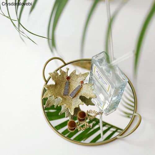 Round Brass Handle Storage Tray Glass Mirror Storage Tray Cosmetic Jewelry Home Entrance Glass Trays Snack Dessert Photo Props