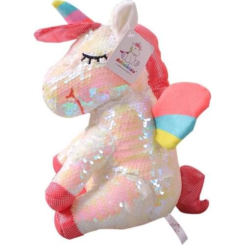 28cm Sequin Unicorn Doll Stuffed Soft Animal Plush Toys Kids Birthday Christmas Gift Ears Will Move Fun To Soothedoll