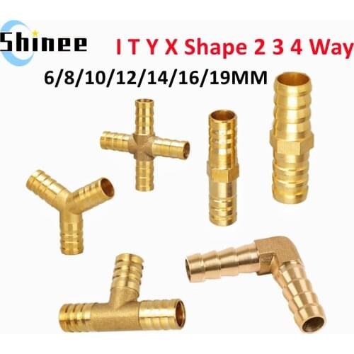 Brass Barb Pipe Fitting Straight Elbow T Y X Shape 2 3 4 Way Connector for 6mm to 19mm 8mm 10mm 14mm 16mm 19mm Copper Water Tube