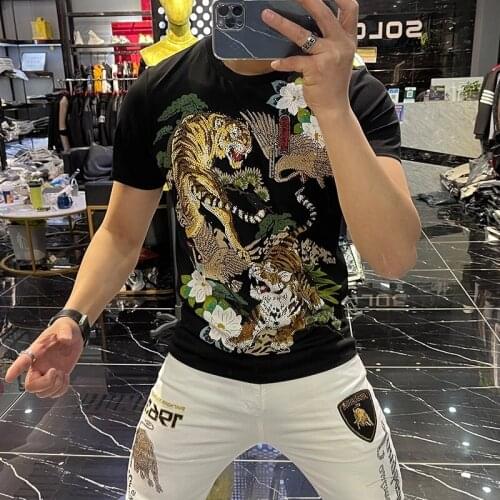 Summer Mens Slim Chic Casual Short Sleeve Fashion Personality Heavy Industry Rhinestones Tiger Head Print Crew Neck T Shirt For