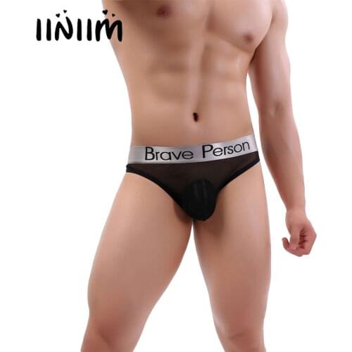 Mens Sexy Panties Low Waist See-through Mesh Bulge Pouch Thongs Briefs Letter Print Elastic Waistband Underpants Gay Underwear